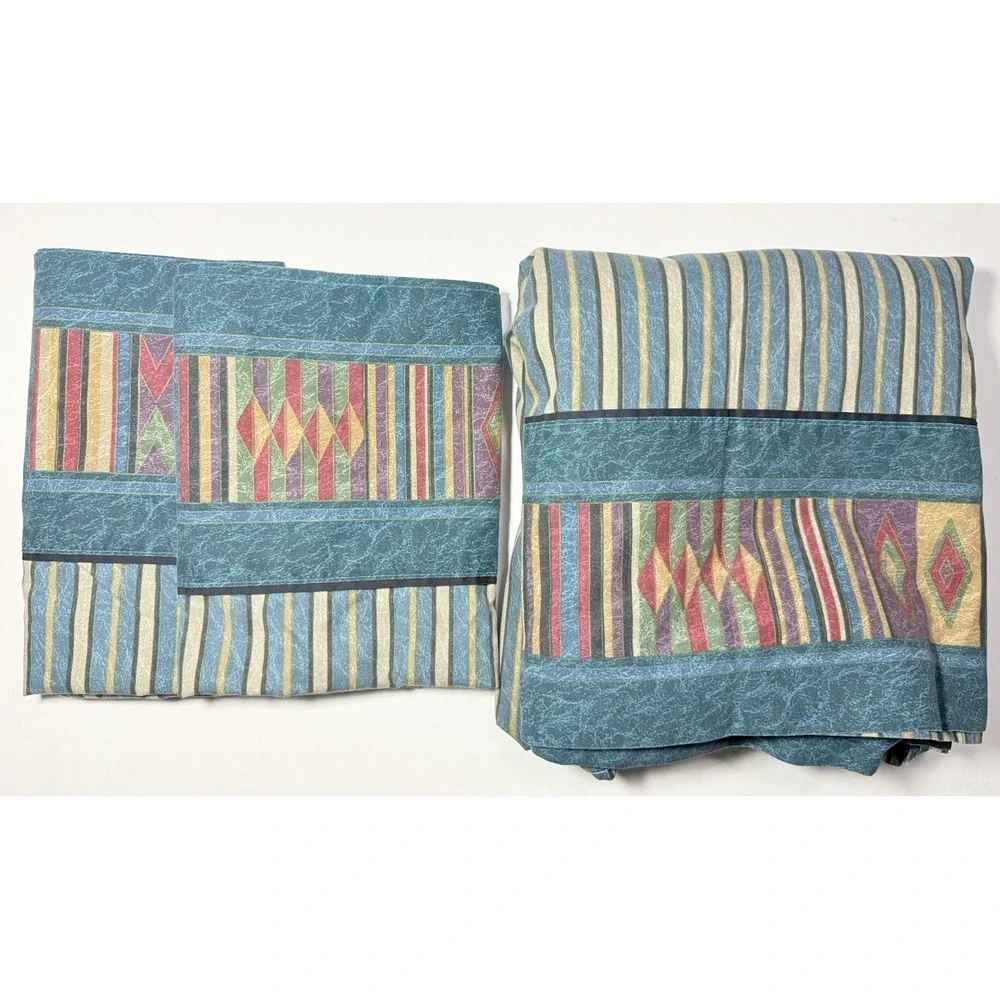 JCPenney Sheet Set Southwestern KING Vtg Teal Marble Stripes Geometric Tribal